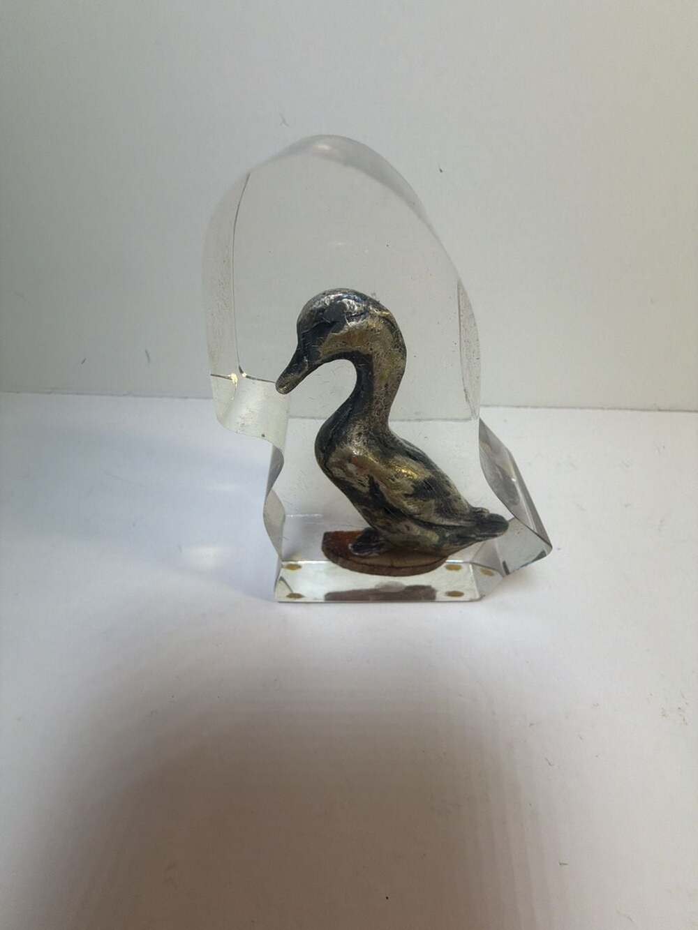Vintage Unique Canada Lucite‎ Acrylic Paperweight with Metal Duck Figurine